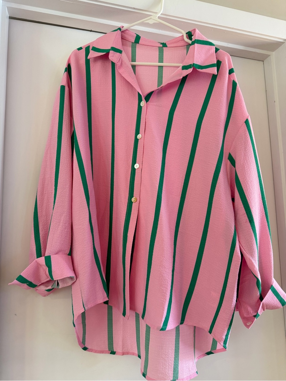 Pink Green Striped Oversized Button-Down Blouse XL